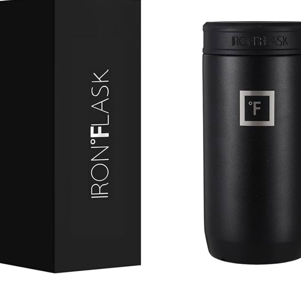 Iron Flask slim can cooler in midnight black, 12 oz.